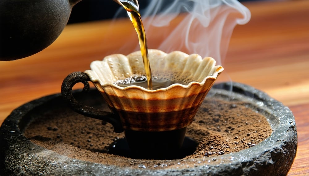 Hand pouring hot water over coffee grounds for a fresh pour over brew Hand pouring hot water over coffee grounds for a fresh pour over brew