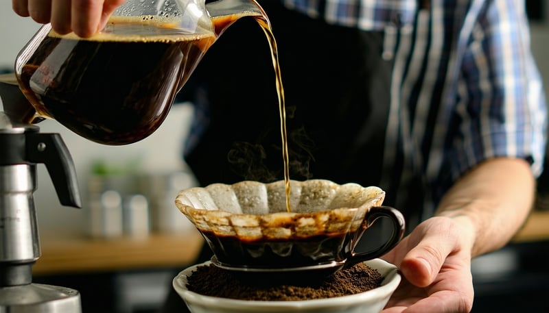 Barista hand-pouring hot water over coffee grounds for a pour over brew Barista hand-pouring hot water over coffee grounds for a pour over brew